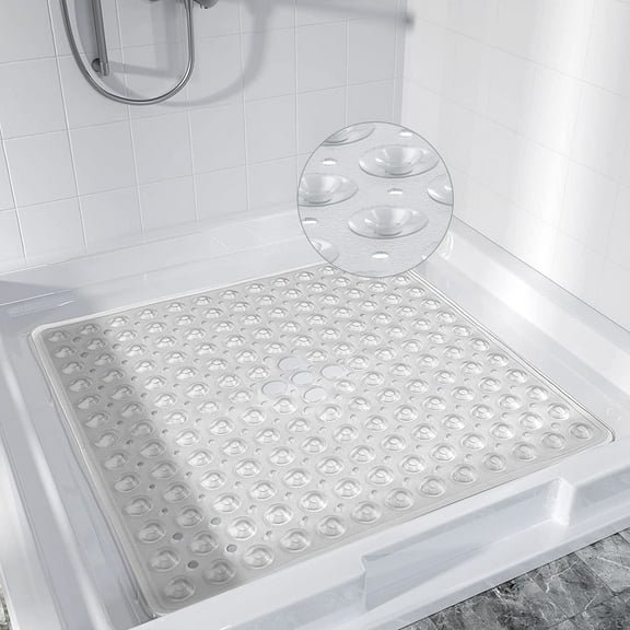 GYDEK Non-Slip Shower Mat 21 x 21 inch Square Bathroom Bath Tub Mats Stall Mat for Shower Stall Floors Firm Grip Bathroom Mat Anti Slip Shower Mat with Suction Cups and Drain Hole Clear White