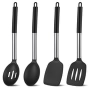 GYDEK Silicone Cooking Spatulas and Spoons, 4 Pack Heat Resistant Silicone Cooking Utensils Set, Non-stick Large Kitchen Silicone Spatula and Spoons for Cooking, Mixing, Serving, DrainingBlack