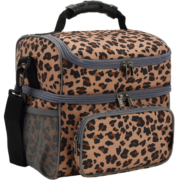 GYEUKHAM Double Layer Cooler Insulated Lunch Bag Adult Lunch Box Large Tote Bag for Men, Women, With Adjustable Strap,Front Pocket and Dual Large Mesh Side Pockets,BlackLeopard