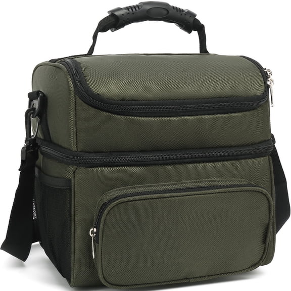 GYEUKHAM Double Layer Cooler Insulated Lunch Bag Adult Lunch Box Large Tote Bag for Men, Women, With Adjustable Strap,Front Pocket and Dual Large Mesh Side Pockets,Army Green