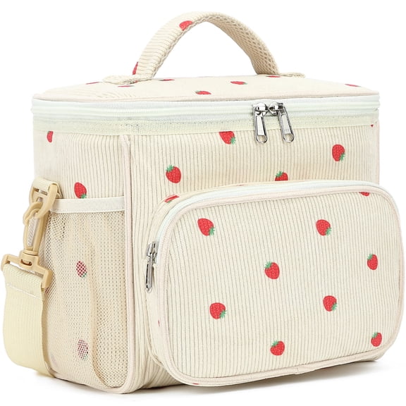 GYEUKHAM Lunch Bag for Women Men,Insulated Lunch Box Cooler Tote with Adjustable Strap,Corduroy Strawberries Beige
