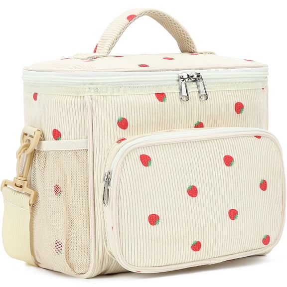 GYEUKHAM Insulated Lunch Bag for Adults,Large Reusable Lunch Box with Adjustable Shoulder Strap,Front Zipper Pocket& Dual Mesh Side Pockets,Durable,Compact&Water-Resistant,Corduroy Strawberries Beige
