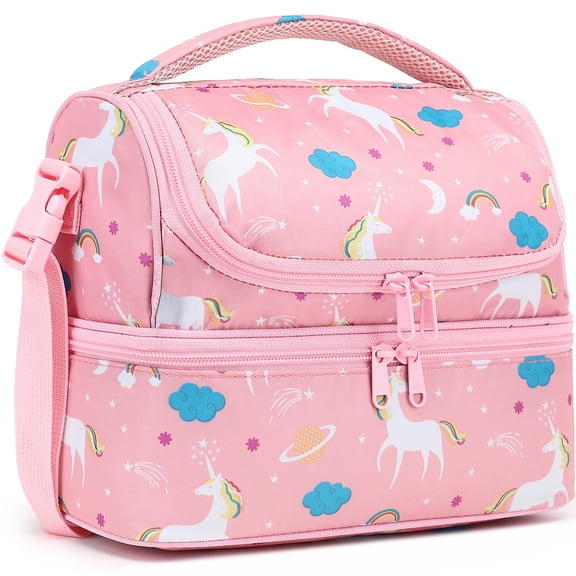 GYEUKHAM Kids Double Decker Cooler Insulated Lunch Bag Large Tote for Boys, Girls, Men, Women, With Adjustable Strap,Pink-Unicorn