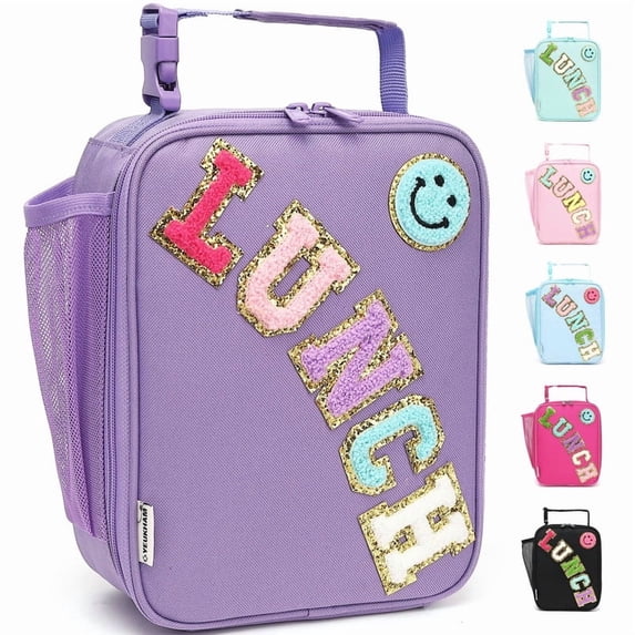 GYEUKHAM Kids Insulated Lunch Box, Mini Cooler Thermal Meal Bag with Buckle & Mesh Side Pocket, Back to School Tote for Girls & Boys,PurpleWithLetter