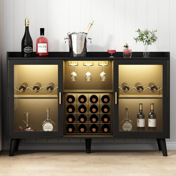 GYFIMOIE Modern Wine & Cocktail Cabinet with LED Light, Home Bar w Wine Rack and Glass Holder, Kitchen Buffet with Storage, Freestanding Liquor Cabinet (Black)