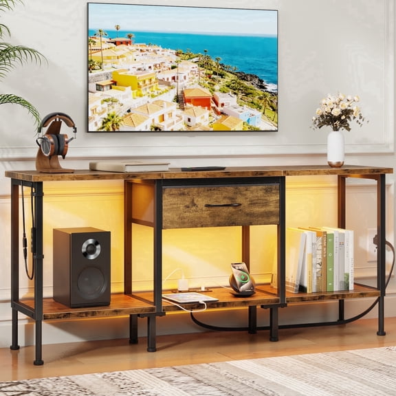 GYIIYUO 55 inch TV Stand with LED Lights, Power Outlets & Fabric Drawer, Rustic Brown Entertainment Center with Storage for Living Room, Bedroom