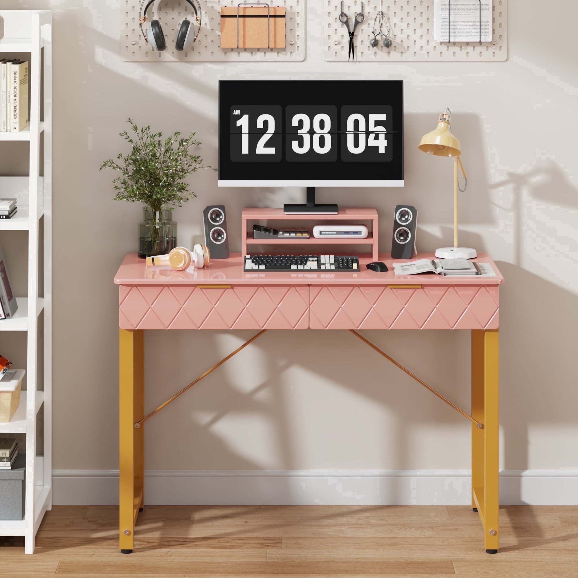 GYIIYUO Pink Modern Writing Desk with 2 Drawers, Office Desk with Glossy Curved Desktop, Computer Desk with Movable Stand for Bedroom Home Office, Pink and Gold