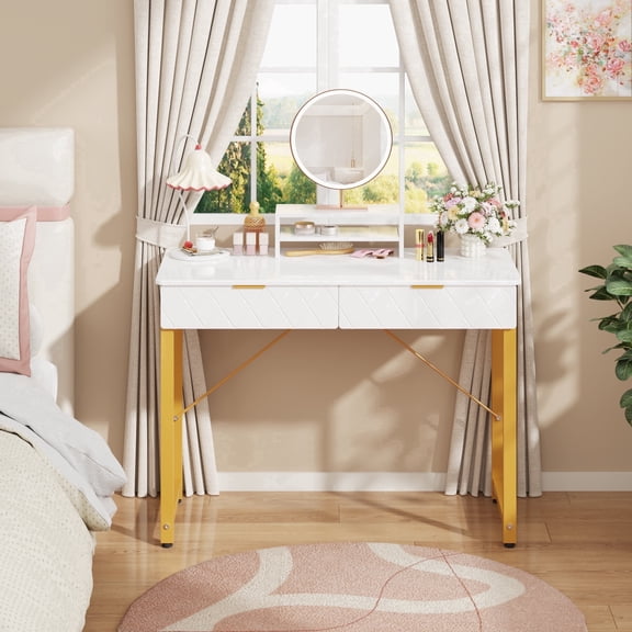 GYIIYUO Writing Desk and Makeup Vanity, White Desk with 2 Drawers, Glossy Desktop, Storage Shelf, No Mirror, for Bedroom Home Office, White and Gold