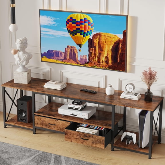 GYIIYUO TV Stand with Fabric Drawers for 65 70 75 Inches TV - Entertainment Center and Industrial TV Console Table with Open Storage Shelves for Living Room, Bedroom - 63" Rustic Brown