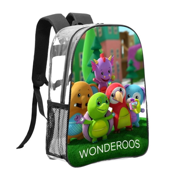 GYLJY25 Wonderoos Clear Backpack, Lightweight Transparent PVC Bag with Side Mesh Pockets for School Travel Sports