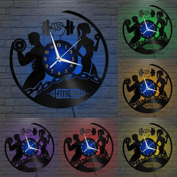 GYM Fitness 2 12 Inch Vinyl Record Wall Clock - Silent, Creative, and Unique Clock for Living Room, Entryway, or Bedroom Decor - Perfect Gift Idea(12 inchs B with LED)