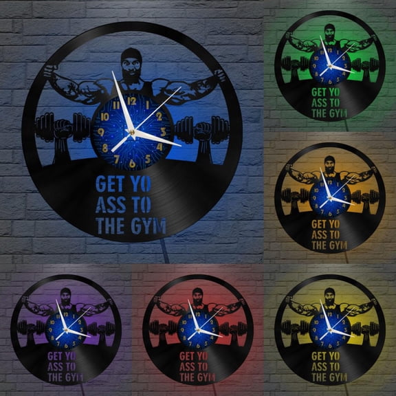 GYM Fitness Exercise 12 Inch Vinyl Record Wall Clock - Silent, Creative, and Unique Clock for Living Room, Entryway, or Bedroom Decor - Perfect Gift Idea(12 inchs B with LED)