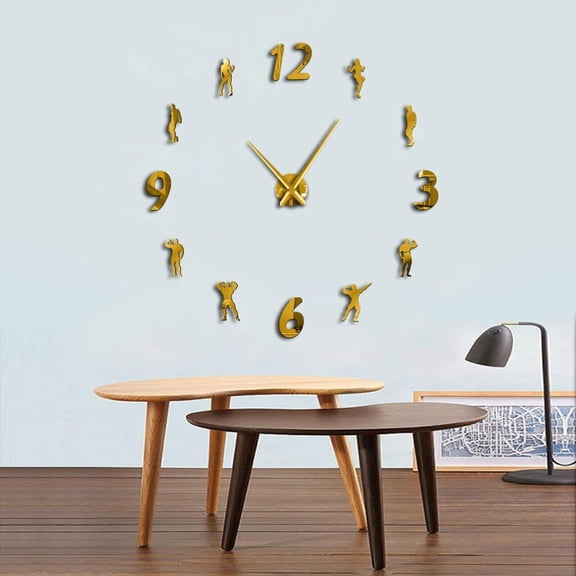 GYM Large Wall Clocks DIY Frameless Wall Watch Clock Modern Design Fitness Room Wall Art Bodybuilding DIY Clock Enthusiasts Gift(Gold,27inch)