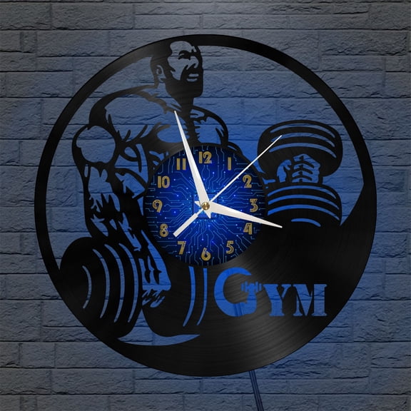 GYM Weight Training 12 Inch Vinyl Record Wall Clock - Silent, Creative, and Unique Clock for Living Room, Entryway, or Bedroom Decor - Perfect Gift Idea(12 inchs B with LED)