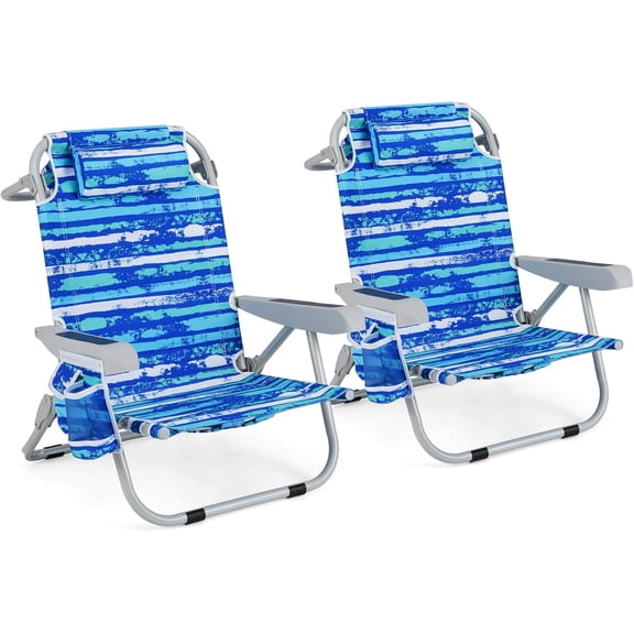 GYMAX Beach Chair, 330lbs Backpack Lounger with 5-Position Backrest, Storage Bag, Side Pocket, Towel Bar & Headrest, Foldable Low Beach Lounge, Portable Aluminum Lay Out Camp Chair (Blue Stripe,2)