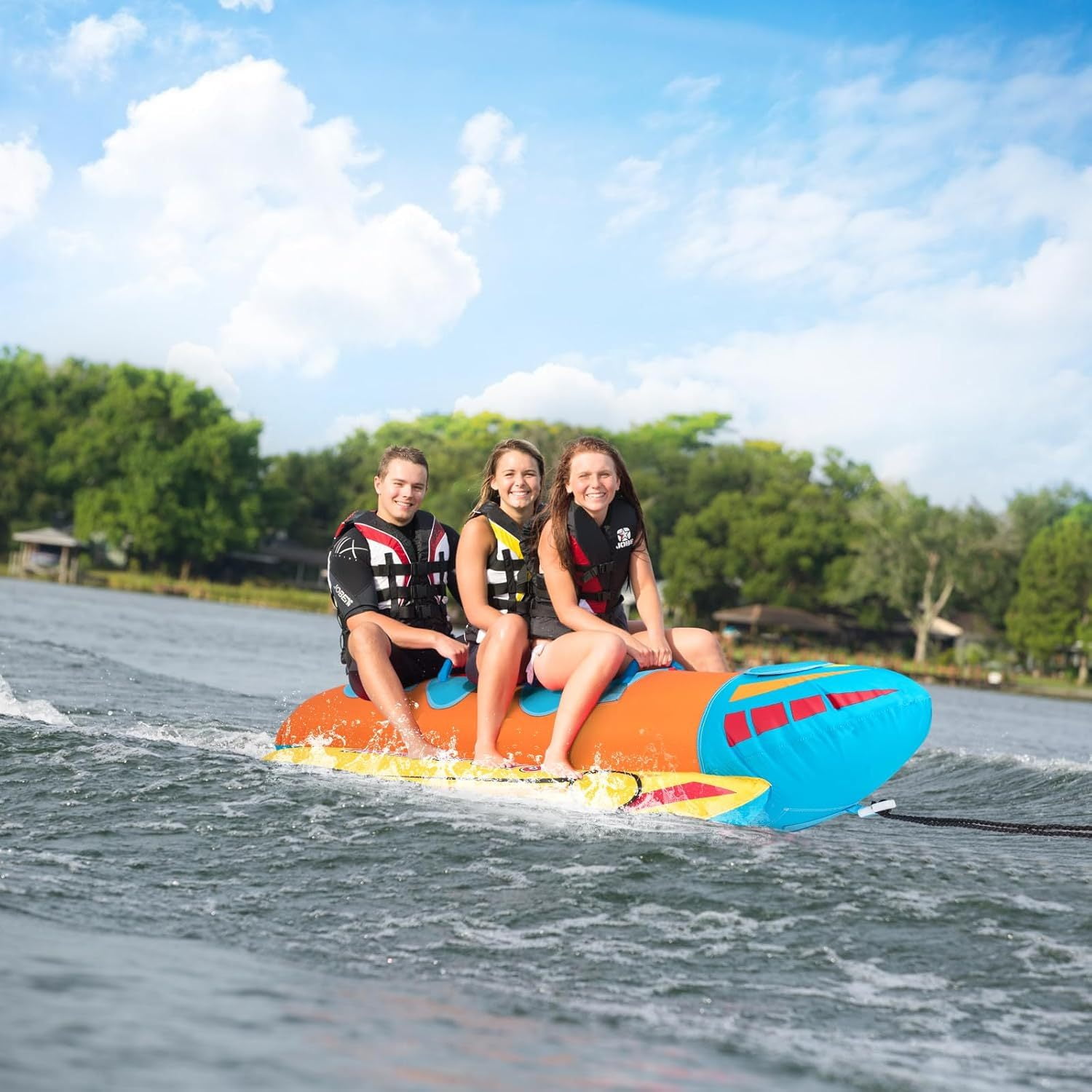 GYMAX Hot Dog Towable, 1-3 Riders Towable Tube for Boating with EVA Seat Pads, Easy Grip Handles, Full 900D Nylon Cover & Drainage System, 510lbs Inflatable Boat Tube