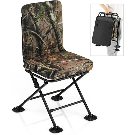 GYMAX Hunting Chair, 360 Degree Swivel Hunting Blind Chair w/ 3’‘ Oversized Duck Feet &  Padded Cushion, 330 LBS Silent Waterproof Rustproof Folding Ground Blind Hunting Seat Stool for Outdoors