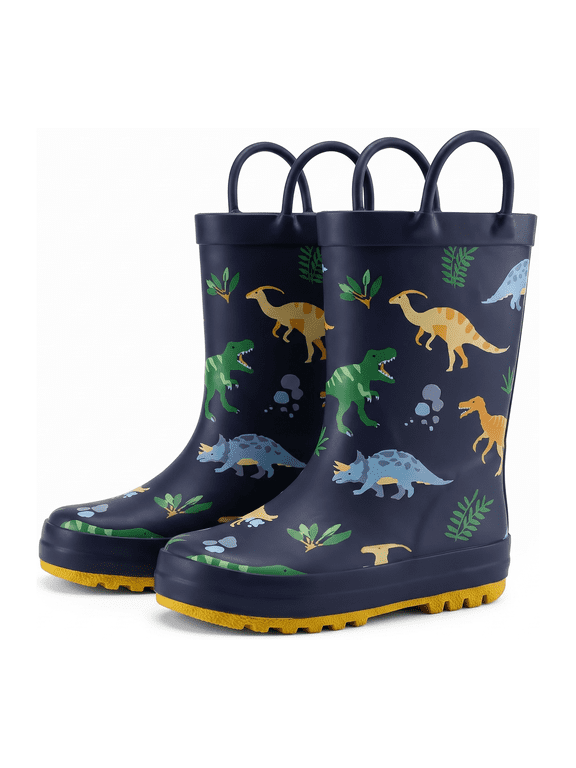 Boys Rain Boots Waterproof Anti-Slip Rubber Mud Boots with Easy-Pull Handles Kids Outdoor Adventure Shoes