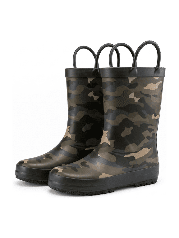 Boys Rain Boots Waterproof Anti-Slip Rubber Mud Boots with Easy-Pull Handles Kids Outdoor Adventure Shoes