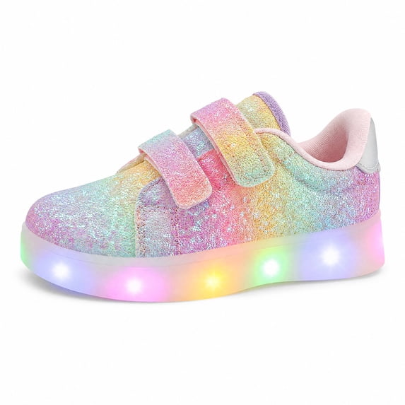 GYMEPIC Girls Light Up Sneakers Glitter Hook Loop LED Flashing Walking Shoes for Toddler Little Kid School