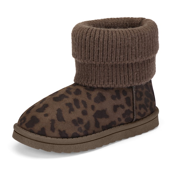 GYMEPIC Girls Warm Snow Boots Leopard Print Knit Cuff Slip On Lightweight Winter Boots