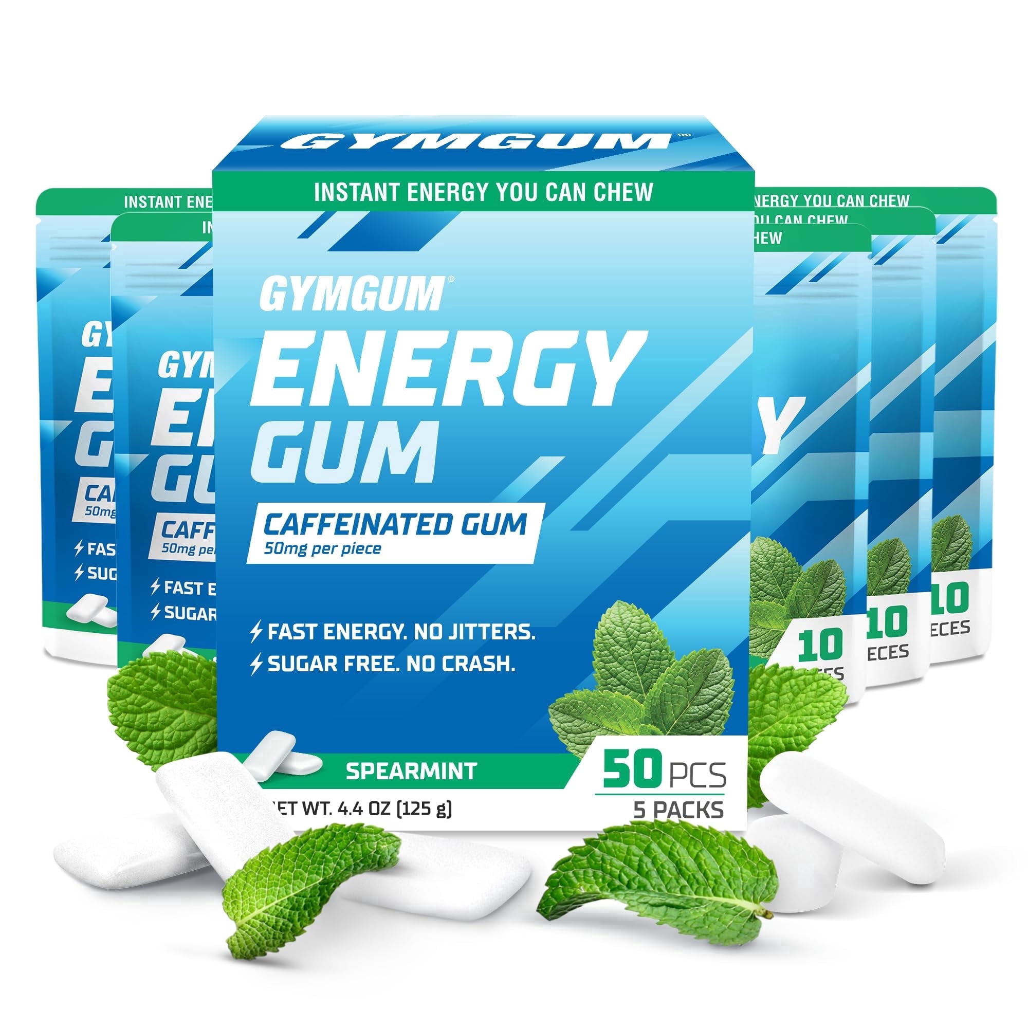 GYMGUM Energy Caffeine Gum | 50mg Caffeine | Sugar-Free, Keto-Friendly | Energy & Focus Gum with Guarana & L-Theanine (10 Count (pack of 5), Spearmint)