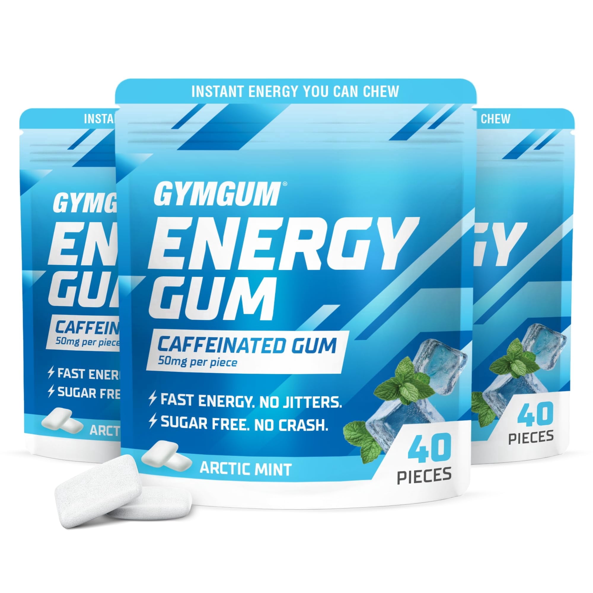 GYMGUM Energy Caffeine Gum | 50mg Caffeine | Sugar-Free, Keto-Friendly | Fast-Acting Energy & Focus Gum with Guarana & L-Theanine (40 Count (Pack of 3), Arctic Mint)