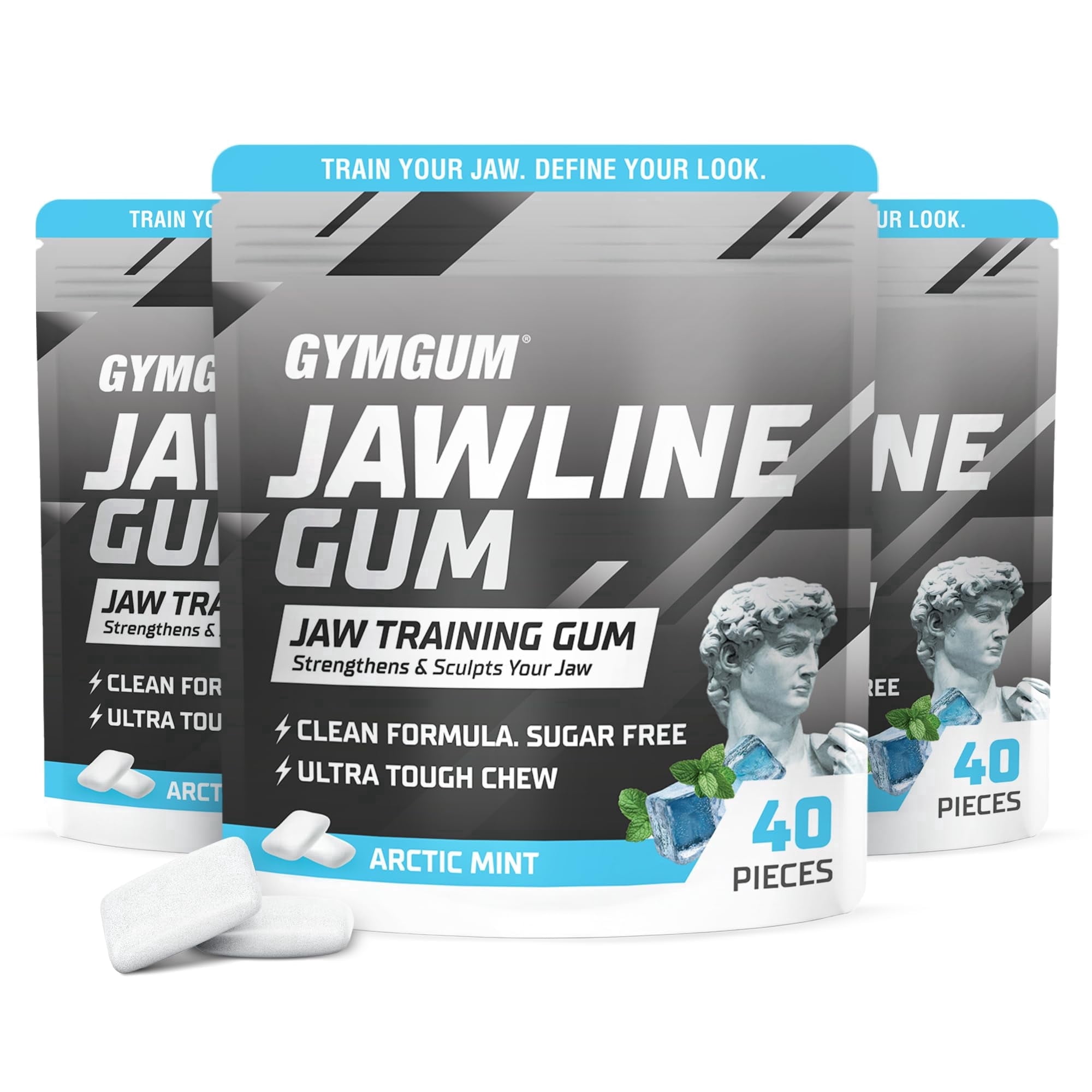 GYMGUM Jawline Ultra Hard Chewing Gum | No Calories, No Sugar, No Artificial Sweeteners | Keto Friendly Mewing Gum for Jaw Training & Exerciser (40 Count (pack of 3), Arctic Mint)