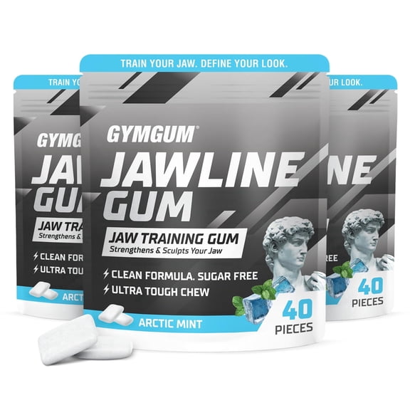 GYMGUM Jawline Ultra Hard Chewing Gum | No Calories, No Sugar, No Artificial Sweeteners | Keto Friendly Mewing Gum for Jaw Training & Exerciser (40 Count (pack of 3), Arctic Mint)