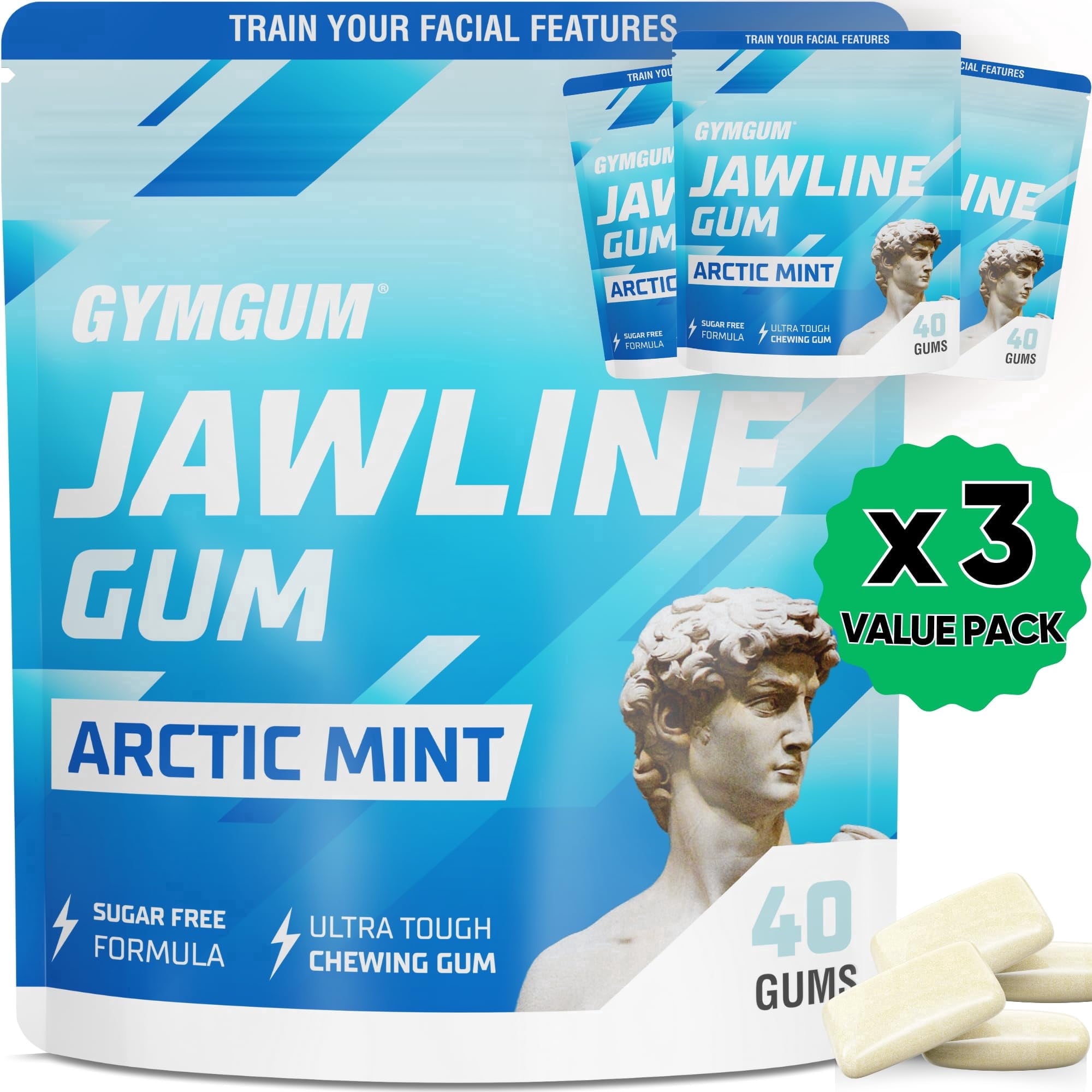 GYMGUM Jawline Ultra Hard Chewing Gum for Jaw Training & Facial Fitness | Sugar-Free, Keto-Friendly Mewing Gum (Arctic Mint, 120 Count)
