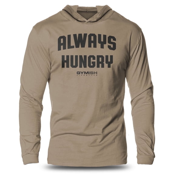 GYMISH Always Hungry Lightweight Long Sleeve Hooded T-Shirt for Men – Funny Gym Hoodie, Athletic Workout Shirt for Fitness Enthusiasts
