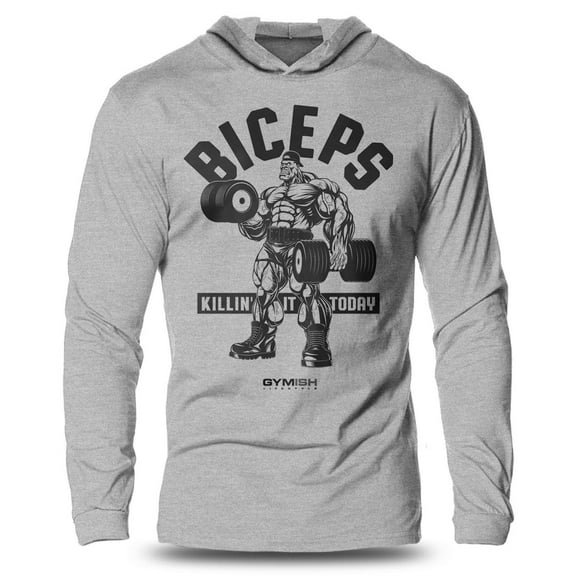 GYMISH BICEPS Killin' It Lightweight Long Sleeve Hooded T-Shirt for Men – Funny Gym Hoodie, Athletic Workout Shirt for Lifters