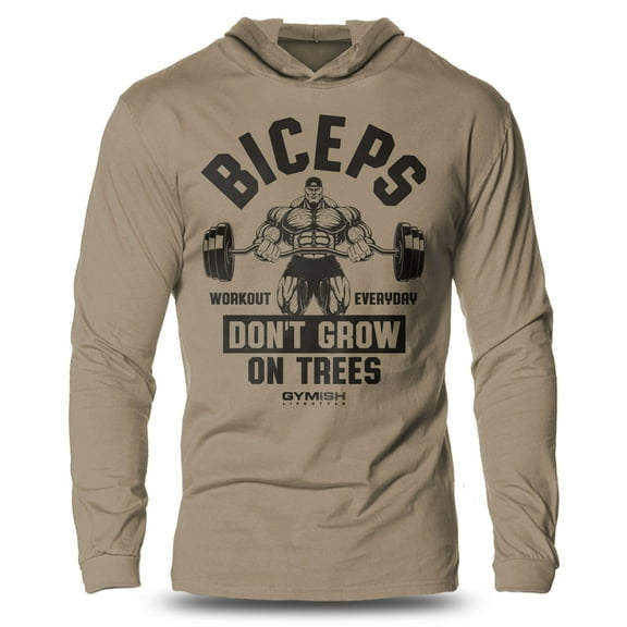 GYMISH BICEPS Trees Lightweight Long Sleeve Hooded T-Shirt for Men – Funny Gym Hoodie, Bodybuilding & Fitness Workout Shirt