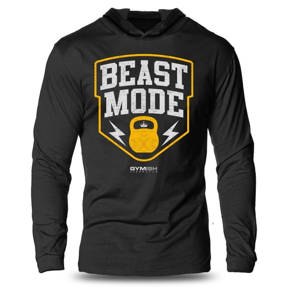 GYMISH Beast Mode Lightweight Long Sleeve Hooded T-Shirt for Men – Funny Gym Hoodie, Workout Shirt, Fitness & Weightlifting Apparel
