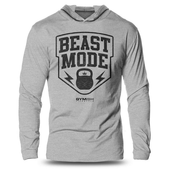 GYMISH Beast Mode Lightweight Long Sleeve Hooded T-Shirt for Men – Funny Gym Hoodie, Workout Shirt, Fitness & Weightlifting Apparel