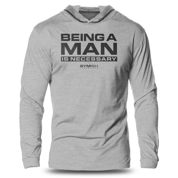 GYMISH Being a Man is Necessary Lightweight Long Sleeve Hooded T-Shirt for Men – Bold Workout Hoodie, Sport Grey, Small