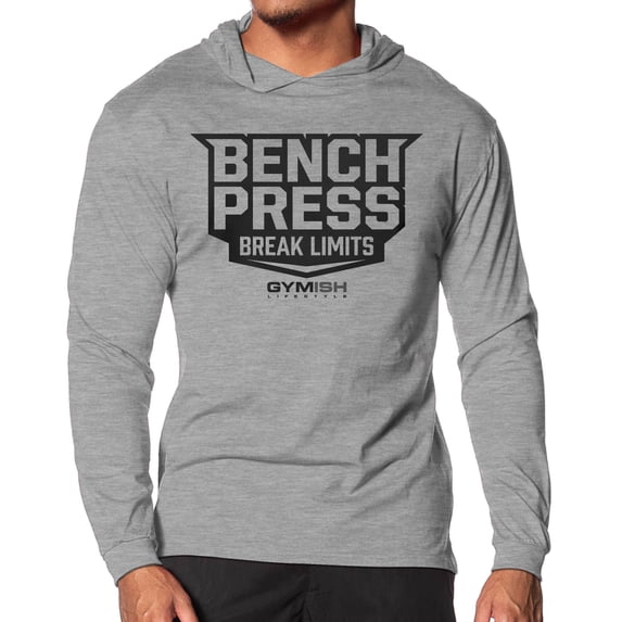 GYMISH Bench Press Lightweight Long Sleeve Hooded T-Shirt for Men – Funny Workout Hoodie, Sport Grey, Large