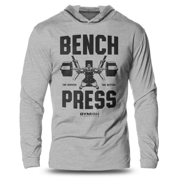 GYMISH Bench Press Lightweight Long Sleeve Hooded T-Shirt for Men – Funny Workout Hoodie, Powerlifting & Bodybuilding Apparel