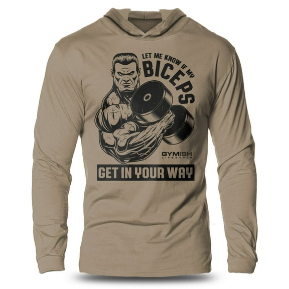 GYMISH "Biceps In Your Way" Lightweight Long Sleeve Hooded T-Shirt for Men – Funny Gym Hoodie, Bodybuilding & Workout Shirt