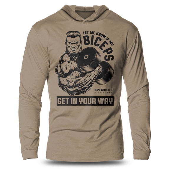GYMISH "Biceps In Your Way" Lightweight Long Sleeve Hooded T-Shirt for Men – Funny Gym Hoodie, Bodybuilding & Workout Shirt