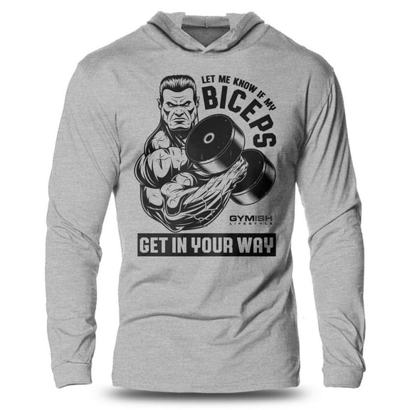 GYMISH "Biceps In Your Way" Lightweight Long Sleeve Hooded T-Shirt for Men – Funny Gym Hoodie, Bodybuilding & Workout Shirt