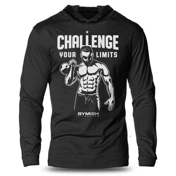 GYMISH Challenge Your Limits Lightweight Long Sleeve Hooded T-Shirt for Men – Athletic Workout Hoodie, Silver on Black, Small
