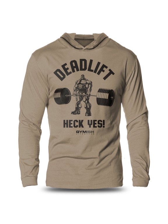Deadlifts? Heck Yes! Lightweight Long Sleeve Hooded T-Shirt for Men – Funny Gym Hoodie, Khaki, XXL