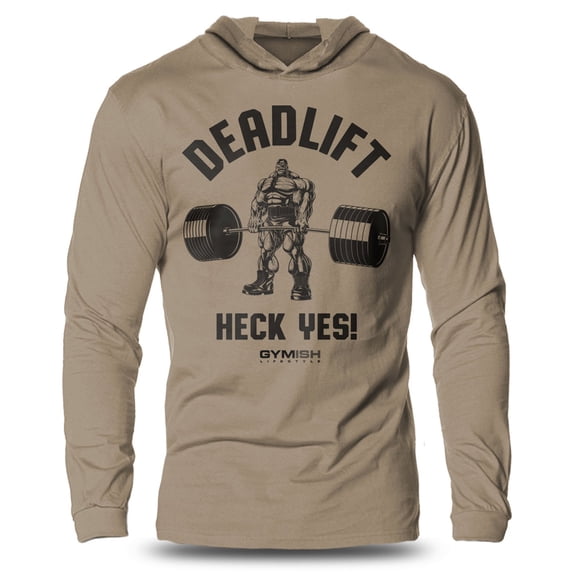 GYMISH Deadlifts? Heck Yes! Lightweight Long Sleeve Hooded T-Shirt for Men – Funny Gym Hoodie, Khaki, Small