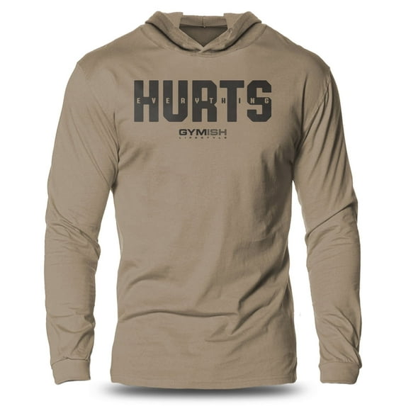 GYMISH Everything Hurts Lightweight Long Sleeve Hooded T-Shirt for Men – Funny Gym Hoodie, Workout Shirt for Lifters & Athletes