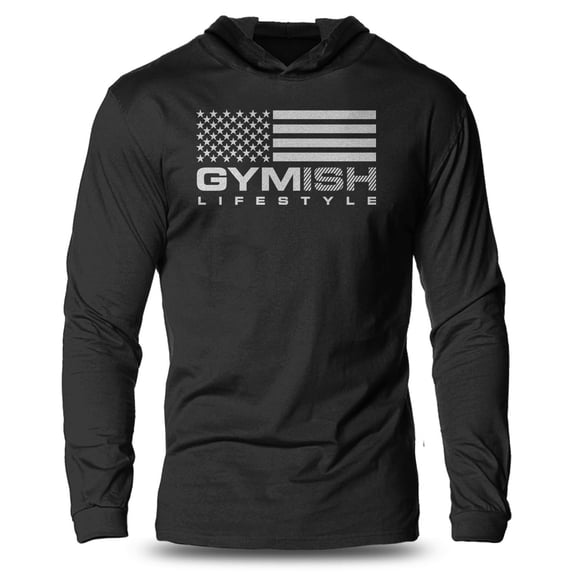 GYMISH FLAG Lightweight Long Sleeve Hooded T-Shirt for Men – Patriotic Workout Hoodie, Silver on Black, XL