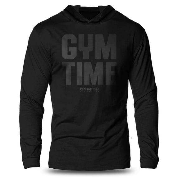 GYMISH GYM TIME – I’ll Be Back Lightweight Long Sleeve Hooded T-Shirt for Men – Funny Workout Hoodie, Black on Black, Small