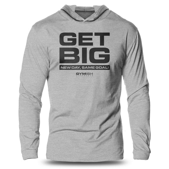 GYMISH Get Big Lightweight Long Sleeve Hooded T-Shirt for Men – Motivational Gym Hoodie, Workout Shirt for Lifters & Bodybuilders