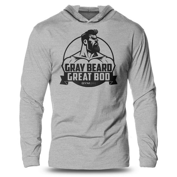 GYMISH Gray Beard, Great Bod Lightweight Long Sleeve Hooded T-Shirt for Men – Funny Gym Hoodie, Workout Shirt for Fit Dads & Lifters