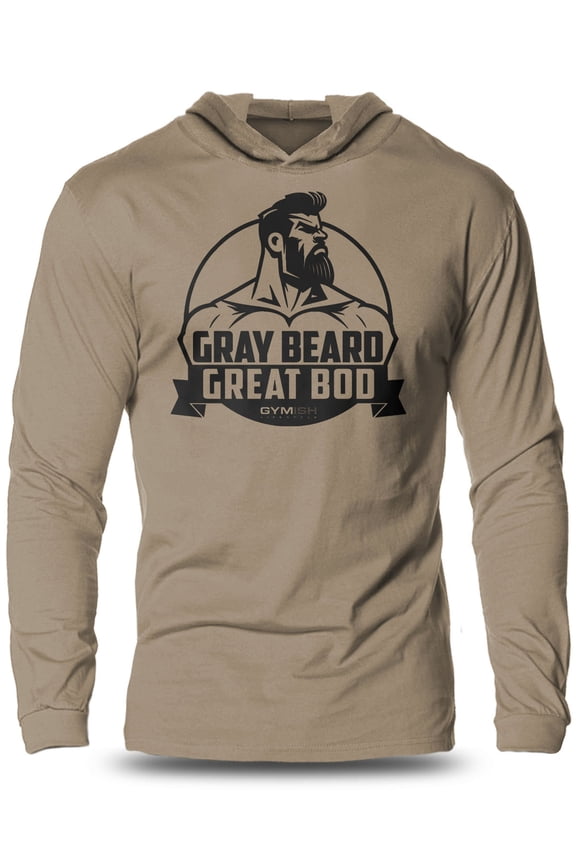 Gray Beard, Great Bod Lightweight Long Sleeve Hooded T-Shirt for Men – Funny Gym Hoodie, Workout Shirt for Fit Dads & Lifters